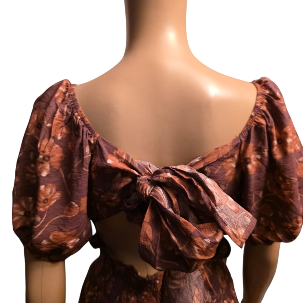Floral Puff Sleeve Smocked Waist Midi Dress Size XL - Picture 6 of 12